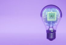 “AI와 함께하는 스마트 건강 관리, 우리 집 일상에 스며들다” Ai brain inside a lightbulb illustrates an idea.