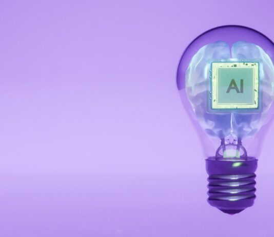 “AI와 함께하는 스마트 건강 관리, 우리 집 일상에 스며들다” Ai brain inside a lightbulb illustrates an idea.